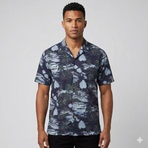 Favant Hawaiian Shirt Mens XXXL Navy‎ Map Print Palm Tree Cotton Aloha
